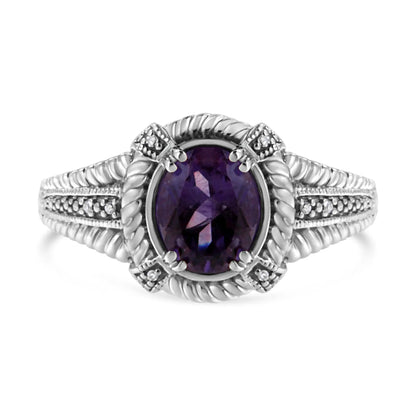 Sterling silver amethyst ring with oval purple gem and diamond accents, braided band on Tampa Home & Garden Store
