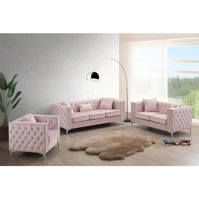 Elegant Track Arm Loveseat 3pc pink tufted fabric and metal legs Unique Piece Furniture on Tampa Home & Garden Store