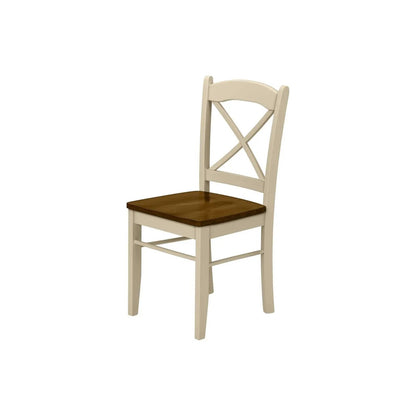 Cream dining chair with brown wooden seat, X-back and tapered legs, transitional style on Tampa Home & Garden Store