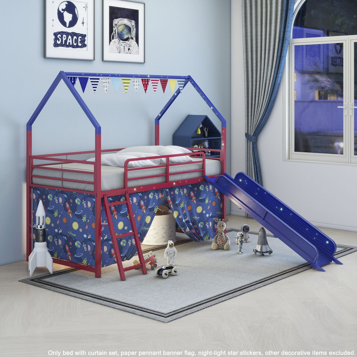 Jack loft bed with slide and curtain set, pink frame, blue slide, space fabric by HouseOfZazla on Tampa Home & Garden Store
