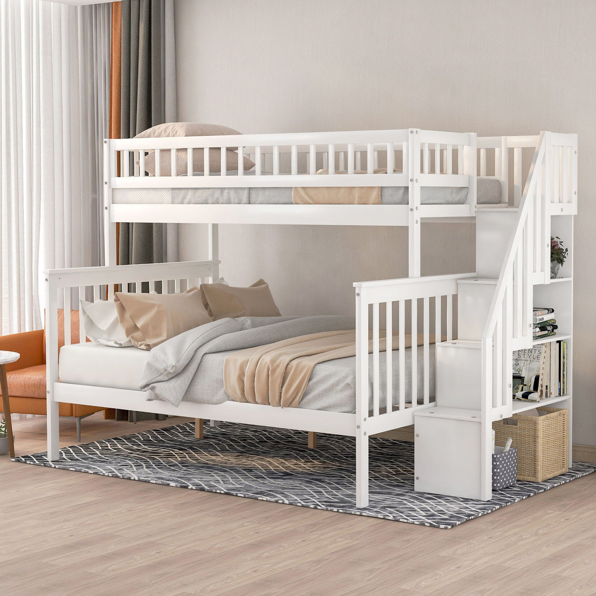 HouseOfZazla Bunk Bed With Staircase, white wood frame with built-in staircase and guard rails on Tampa Home & Garden Store