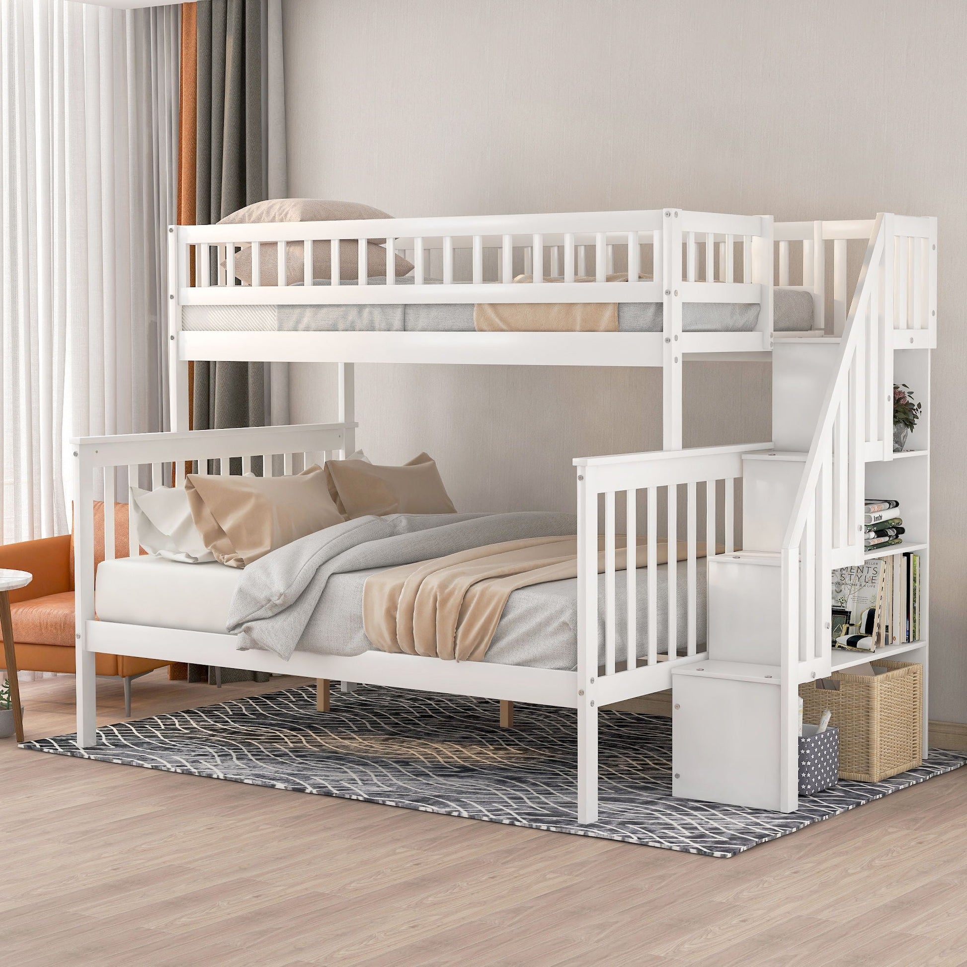 HouseOfZazla Bunk Bed With Staircase, white wood frame with built-in staircase and guard rails on Tampa Home & Garden Store
