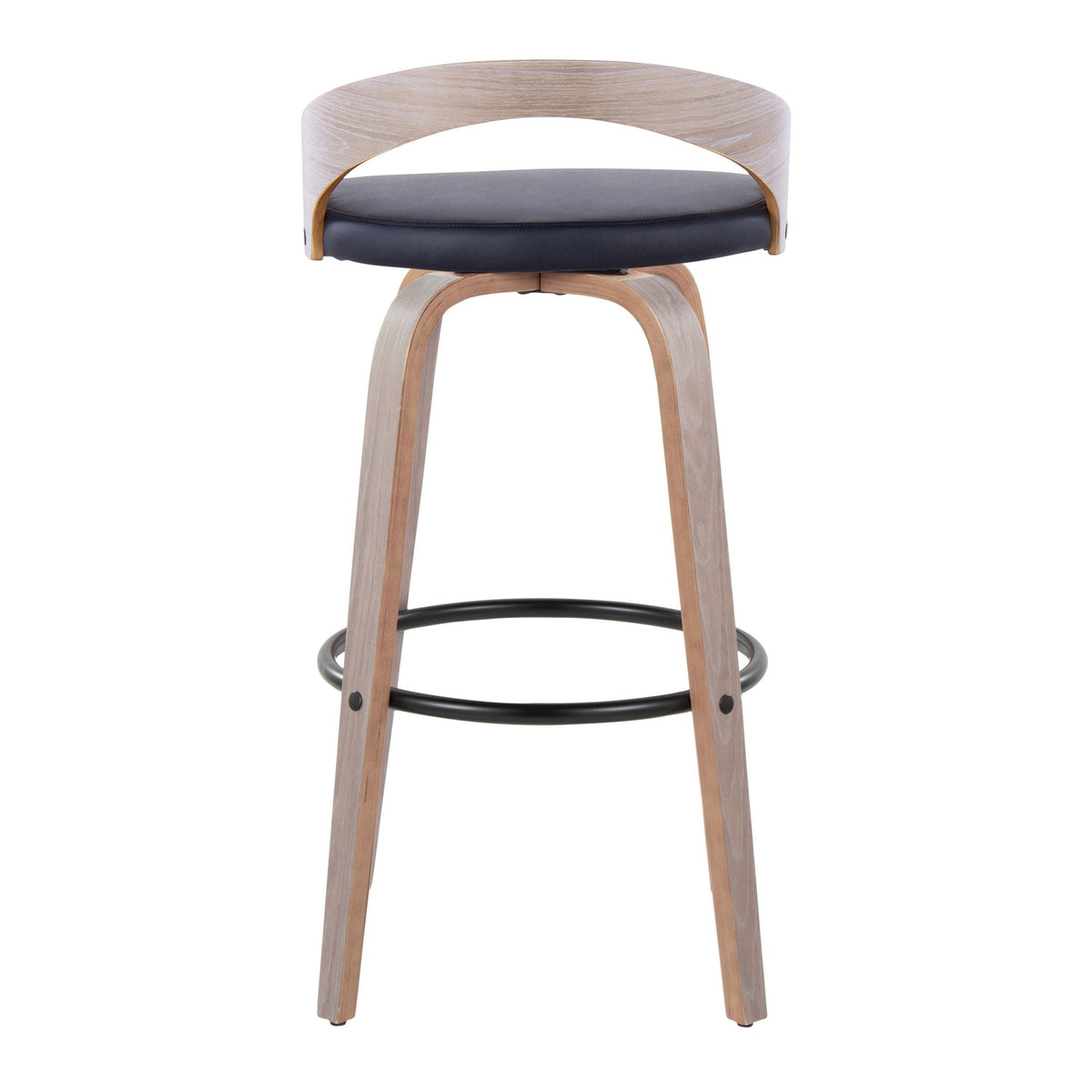 Contemporary swivel barstool with round footrest, black padded seat and light wood curved back on Tampa Home & Garden Store