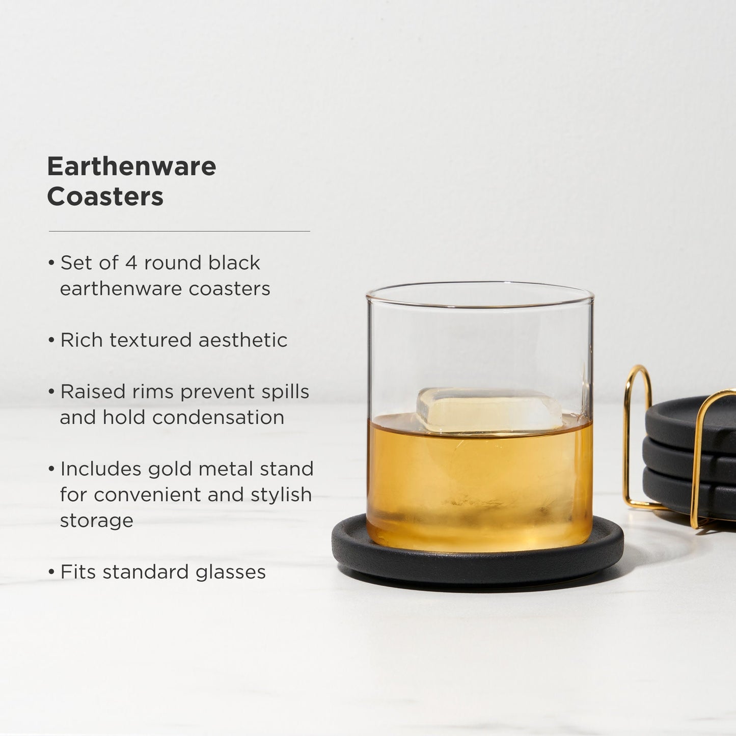 Black Earthenware Coasters with Gold Stand Set of 4