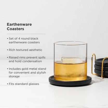 Black Earthenware Coasters with Gold Stand Set of 4