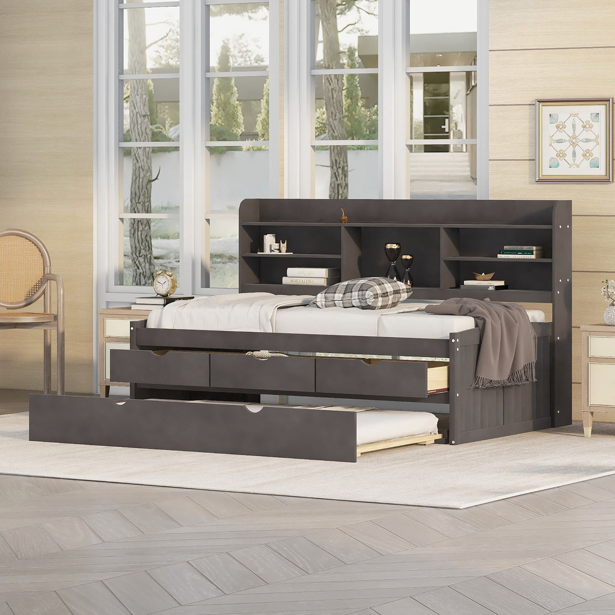 Captain Bed with built-in bookshelves, trundle and 3 drawers in dark gray by HouseOfZazla on Tampa Home & Garden Store