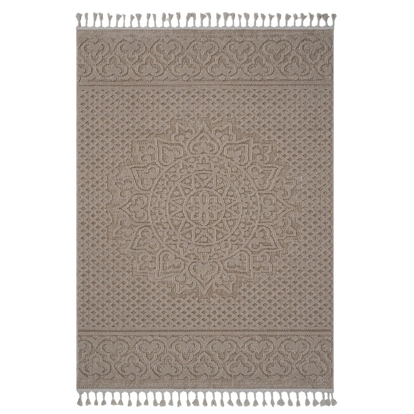 Guros medallion indoor/outdoor rug beige woven area rug with tassel fringe along ends on Tampa Home & Garden Store