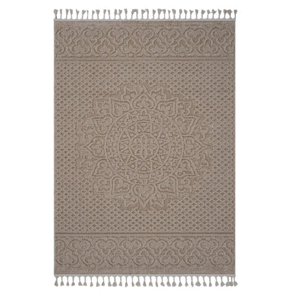 Guros medallion indoor/outdoor rug beige woven area rug with tassel fringe along ends on Tampa Home & Garden Store
