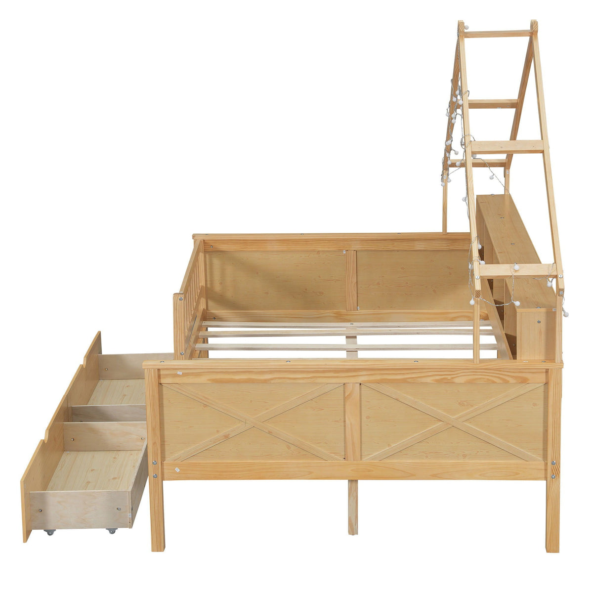 House Style Platform Bed with LED lights, storage drawers and shelves in natural wood with ladder on Tampa Home & Garden Store