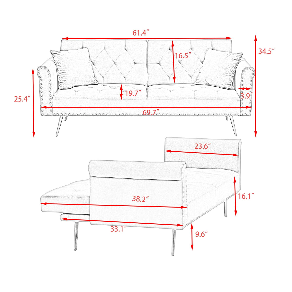 Velvet sofa bed futon with nail head trim and matching pillow by HouseOfZazla in colors on Tampa Home & Garden Store