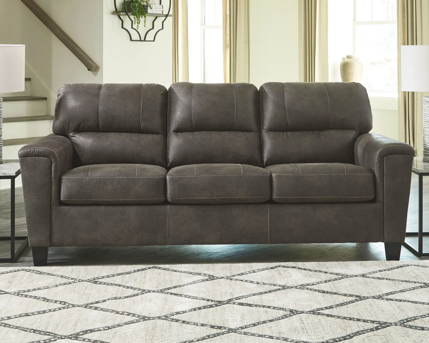 Navi Stationary Sofa dark brown leather-look with white contrast stitching three-seat on Tampa Home & Garden Store