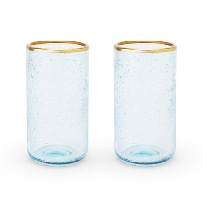 Aqua Bubble Glass Tumbler Set 2-piece by Twine Living, clear bubbly glasses with gold rims on Tampa Home & Garden Store