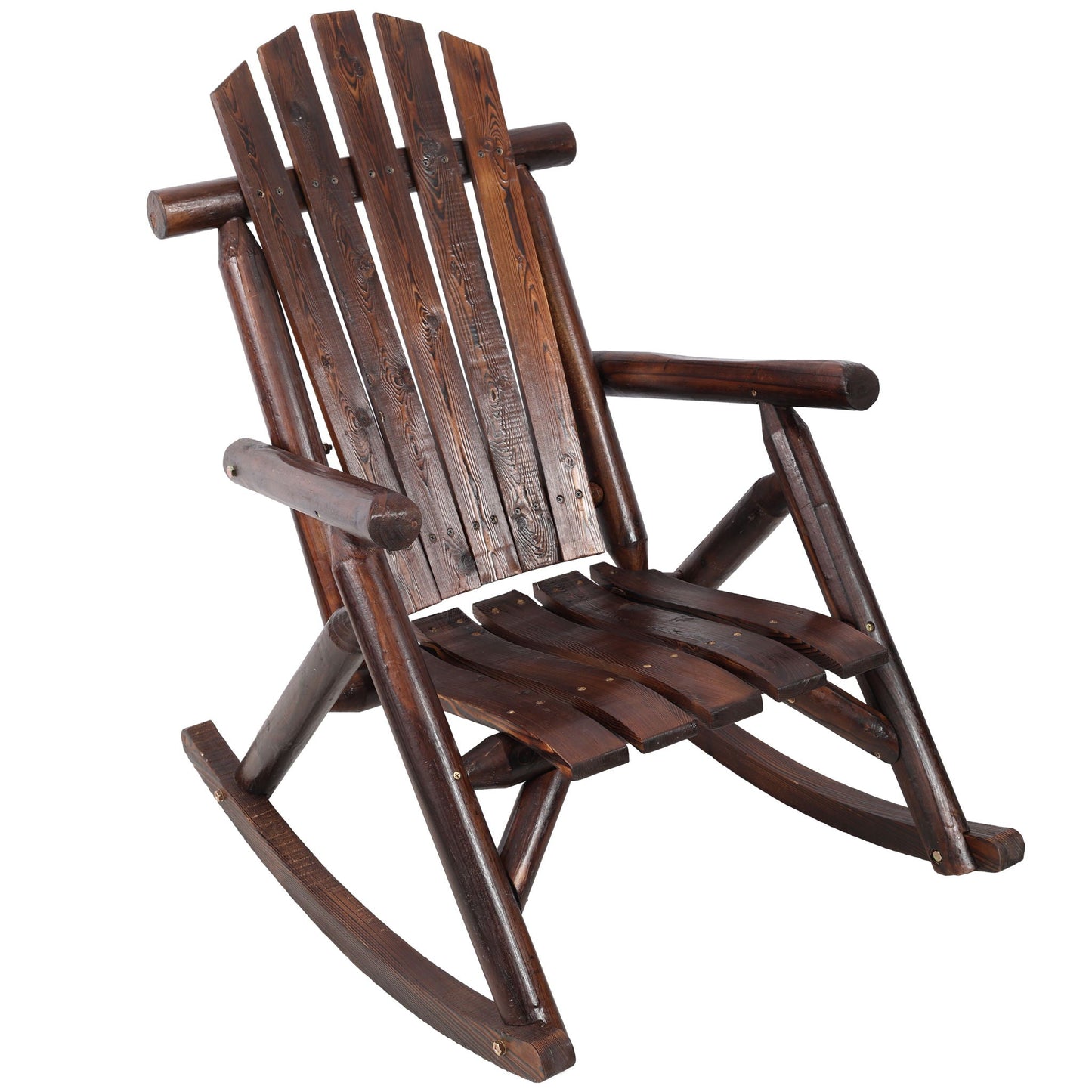 Durable Fir Log Rocking Chair for porch in dark brown stained wood on Tampa Home & Garden Store