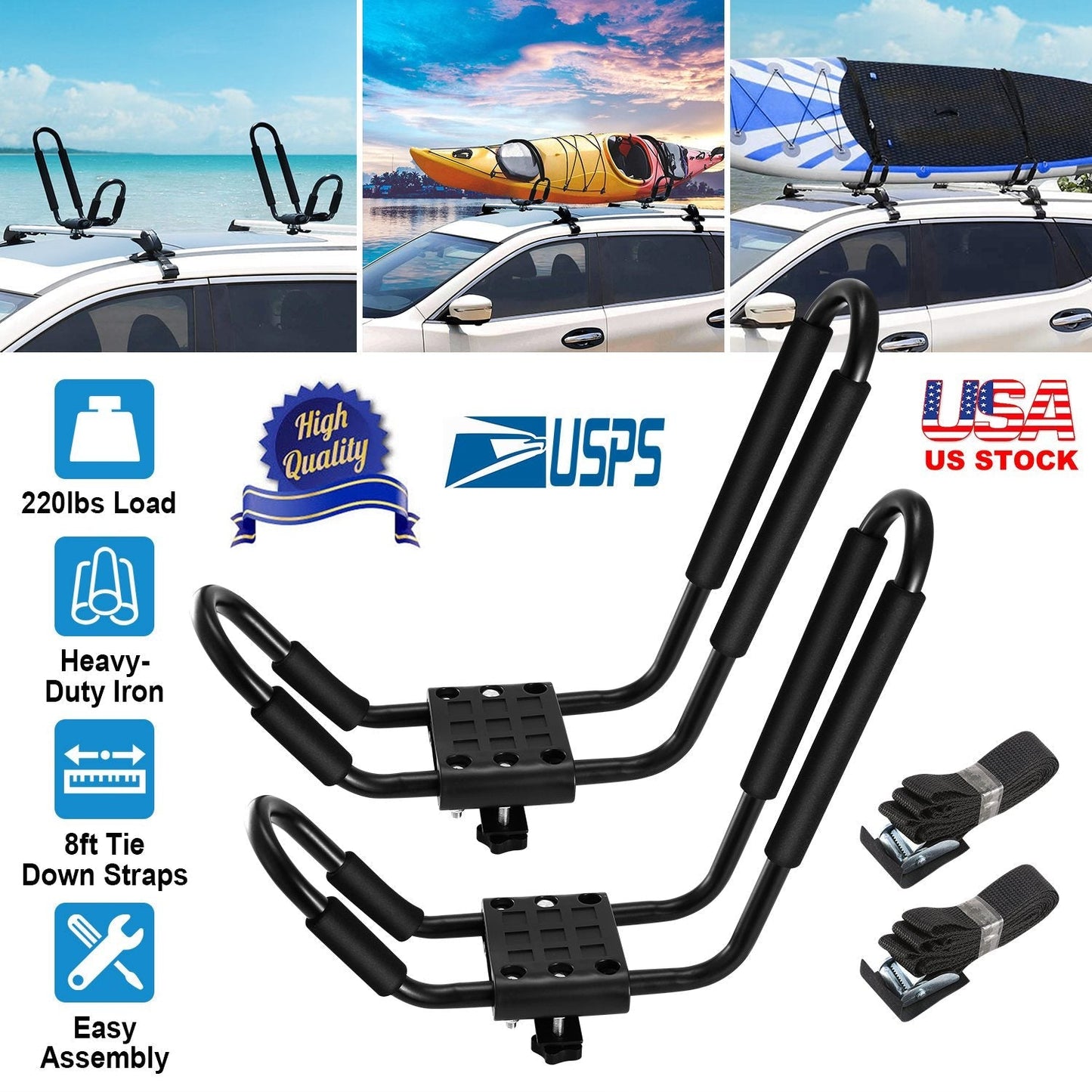 GemGear 1 pair J-bar kayak carrier for car roof, black, 220lbs load, with straps on Tampa Home & Garden Store