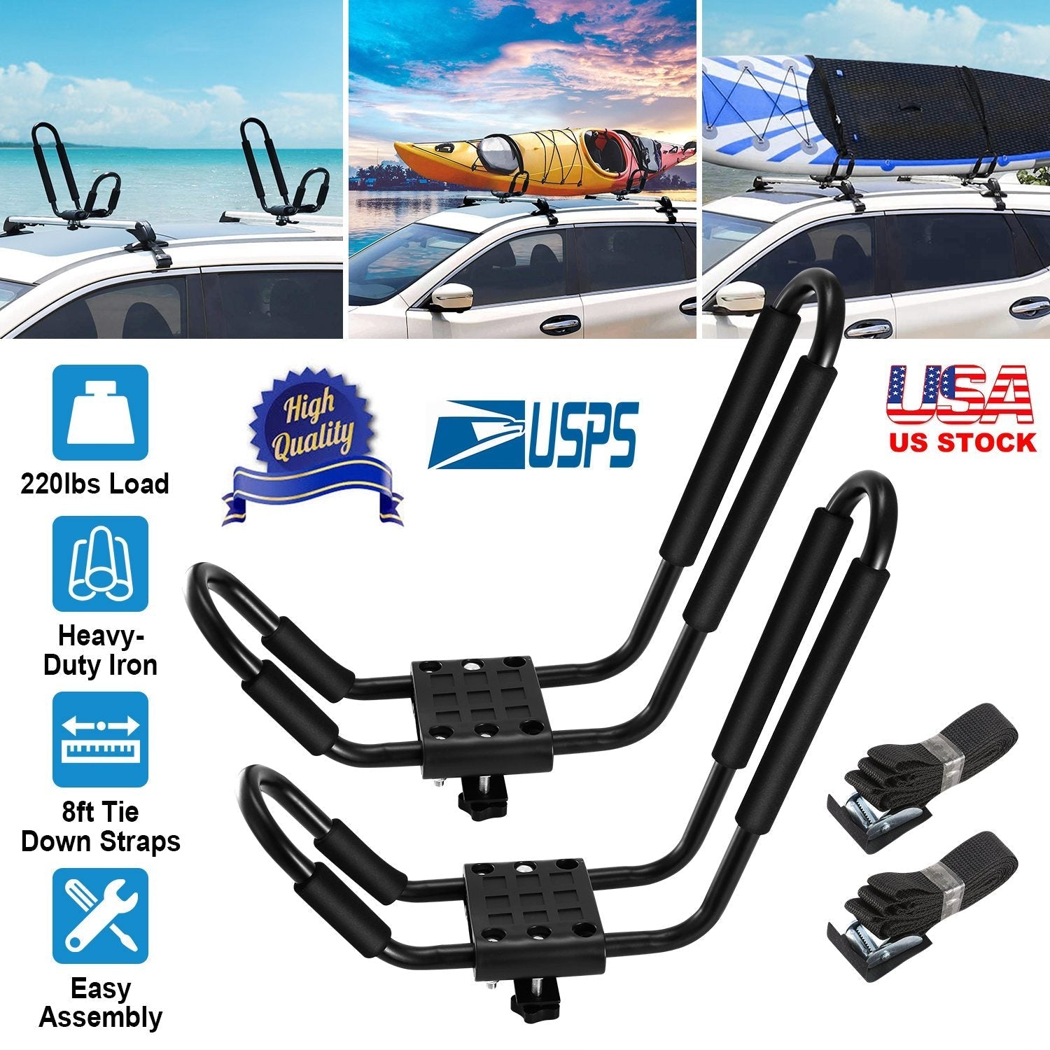 GemGear universal J-bar kayak carrier pair for car roof, 220lbs load, heavy-duty iron on Tampa Home & Garden Store