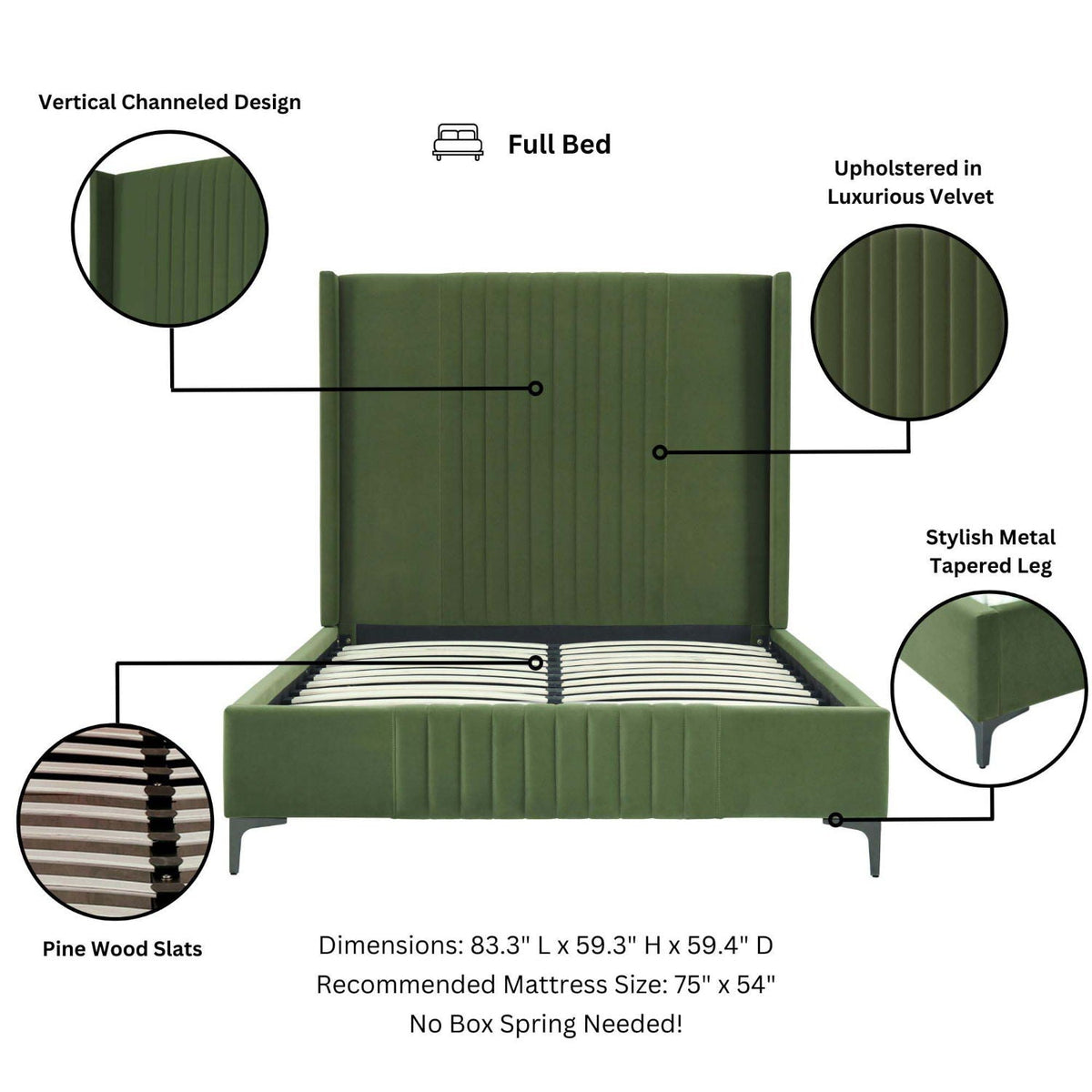 Promenade bed with olive velvet upholstered headboard and pine wood slats HouseOfZazla full bed on Tampa Home & Garden Store