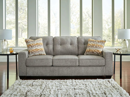 Larimer sofa by Unique Piece Furniture, gray fabric stationary sofa with two pillows on Tampa Home & Garden Store