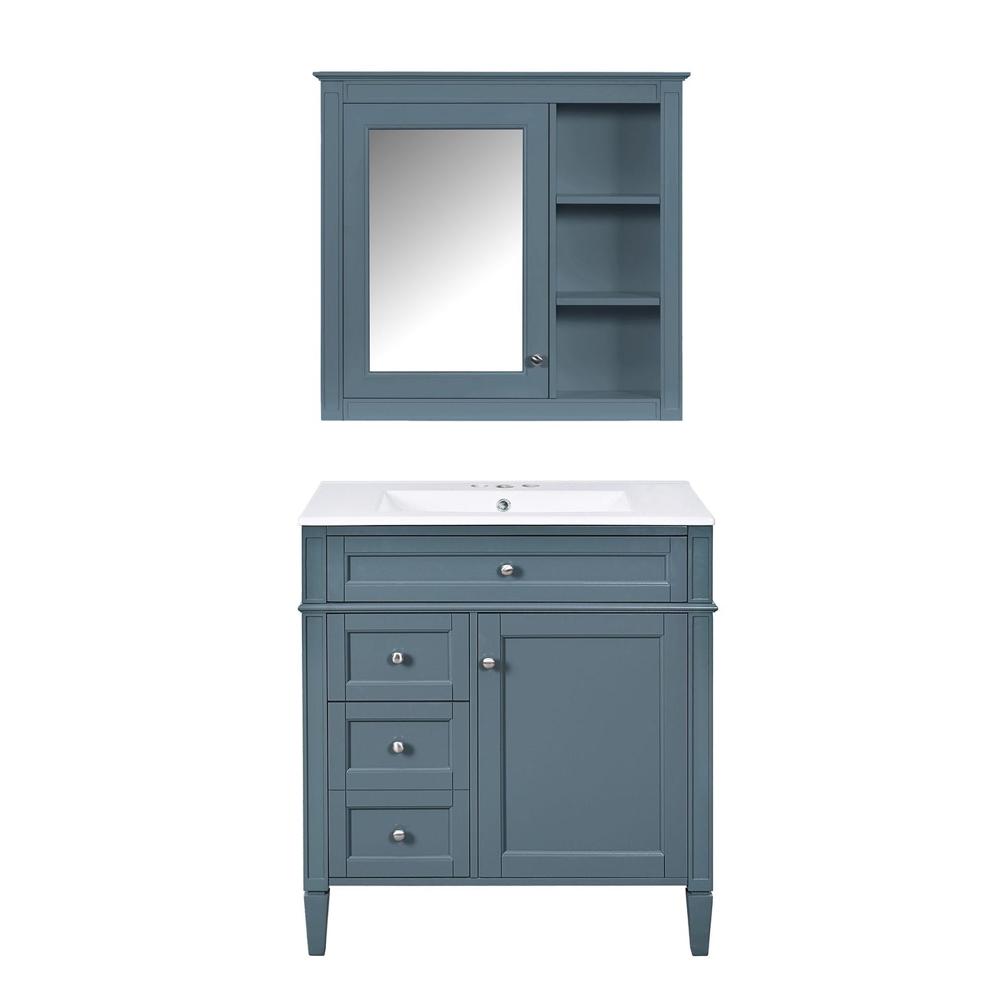 Bathroom vanity with medicine cabinet in blue, modern storage with 2 soft-closing doors and 4 drawers on Tampa Home & Garden Store