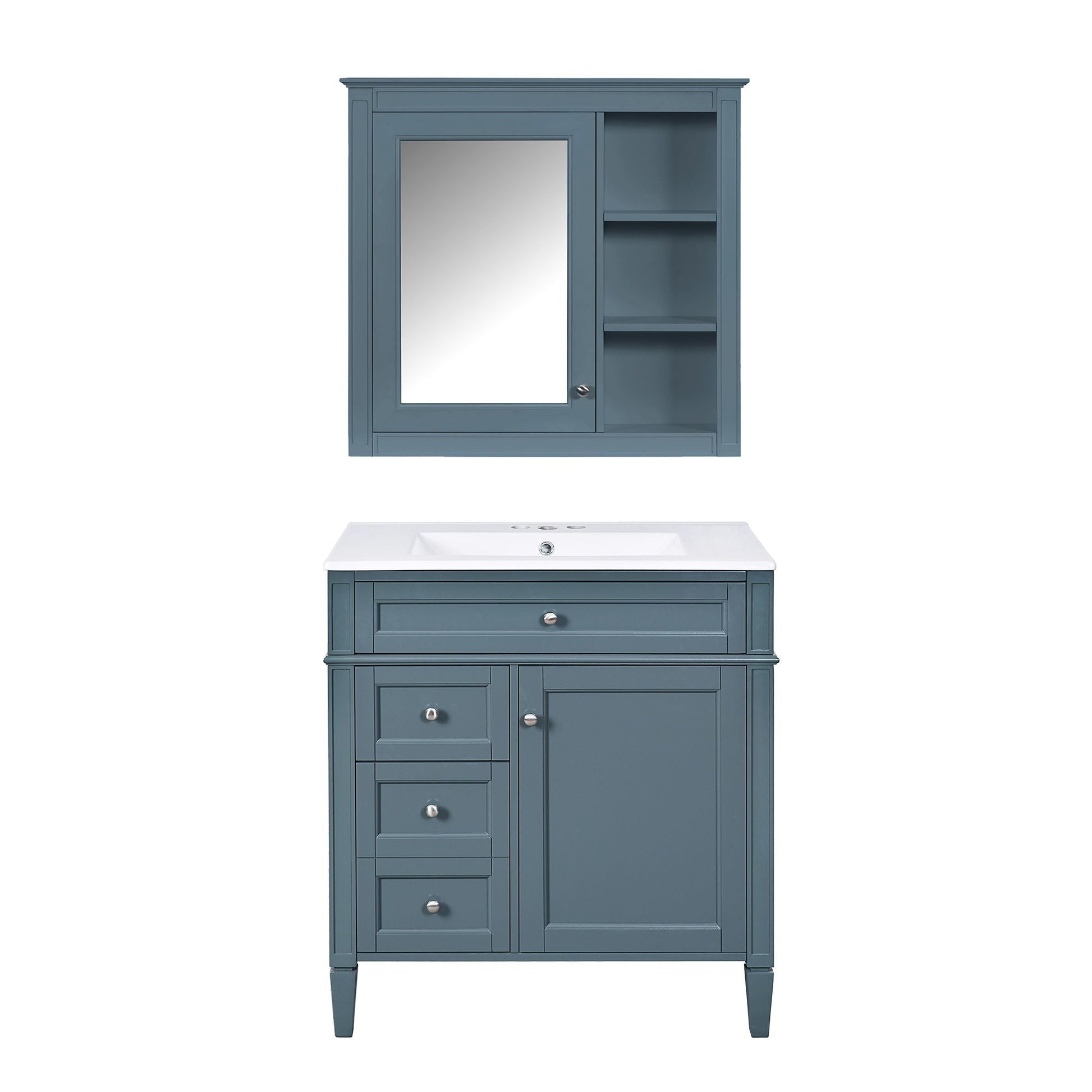 Bathroom vanity with medicine cabinet in blue, modern storage with 2 soft-closing doors and 4 drawers on Tampa Home & Garden Store