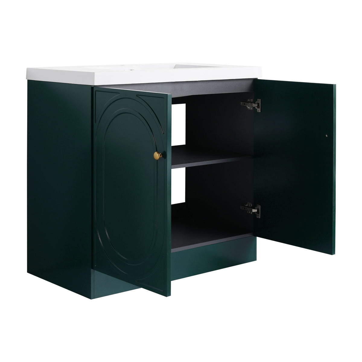 Freestanding bath vanity with resin sink on white countertop, dark green cabinet doors on Tampa Home & Garden Store