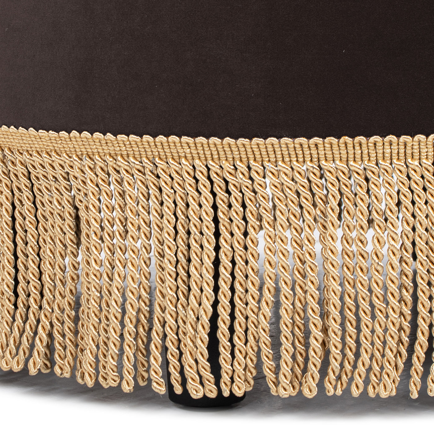 Yolanda 24in round upholstered ottoman in deep brown velvet with gold fringe tassels HouseOfZazla on Tampa Home & Garden Store