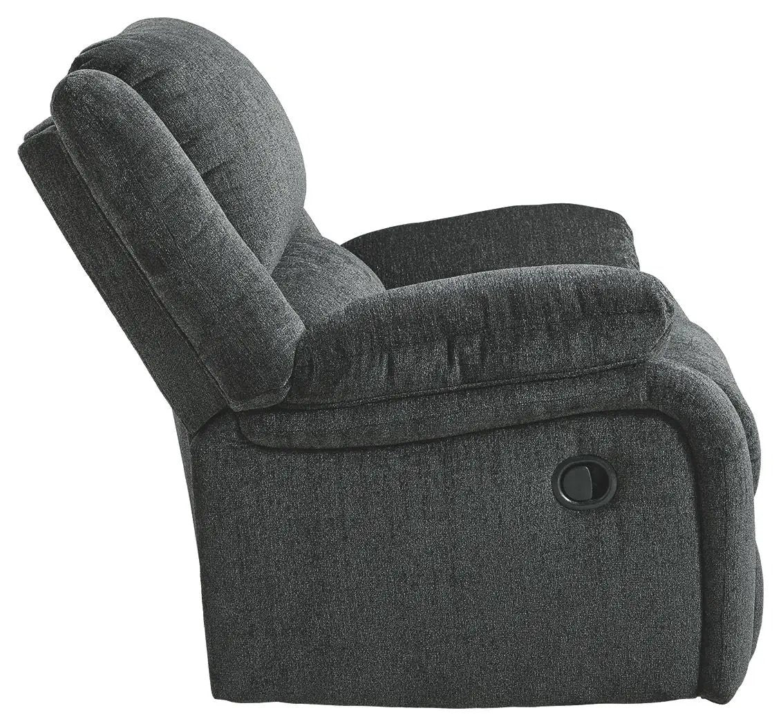 Draycoll Rocker Recliner dark gray fabric with plush cushions, manual lever on Tampa Home & Garden Store