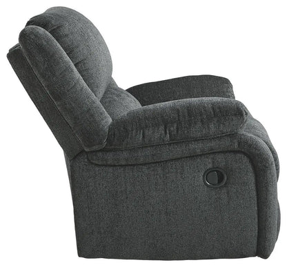 Draycoll Rocker Recliner dark gray fabric with plush cushions, manual lever on Tampa Home & Garden Store