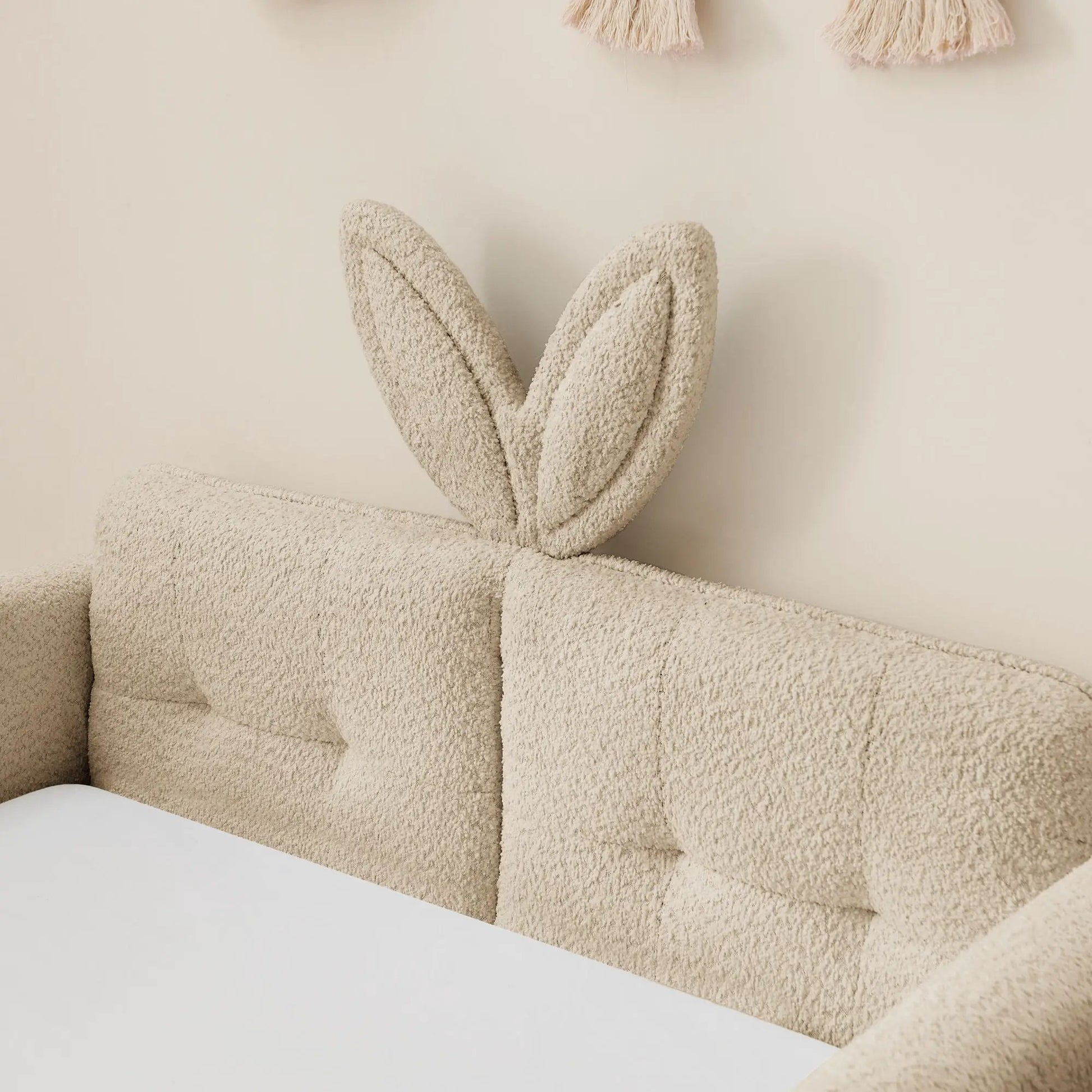 Rabbit-ear upholstered bed frame in beige boucle with safety rail Unique Piece Furniture on Tampa Home & Garden Store