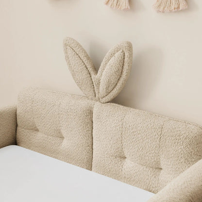 Rabbit-ear upholstered bed frame in beige boucle with safety rail Unique Piece Furniture on Tampa Home & Garden Store