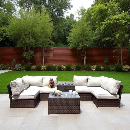 2-Piece Patio Rattan Sectional Set with beige cushions and coffee table on Tampa Home & Garden Store