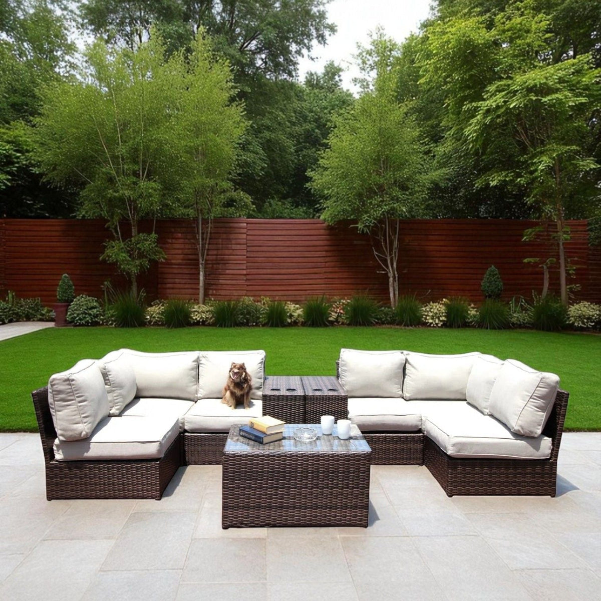 2-piece outdoor dark brown rattan sectional set with cream cushions on a tiled patio on Tampa Home & Garden Store