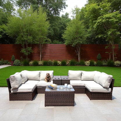 2-piece outdoor dark brown rattan sectional set with cream cushions on a tiled patio on Tampa Home & Garden Store