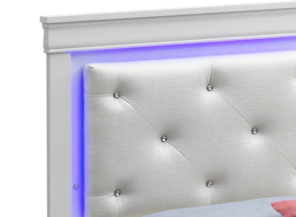 LED Elegant Bed upholstered headboard with tufted silver fabric and crystal buttons, purple LED trim on Tampa Home & Garden Store