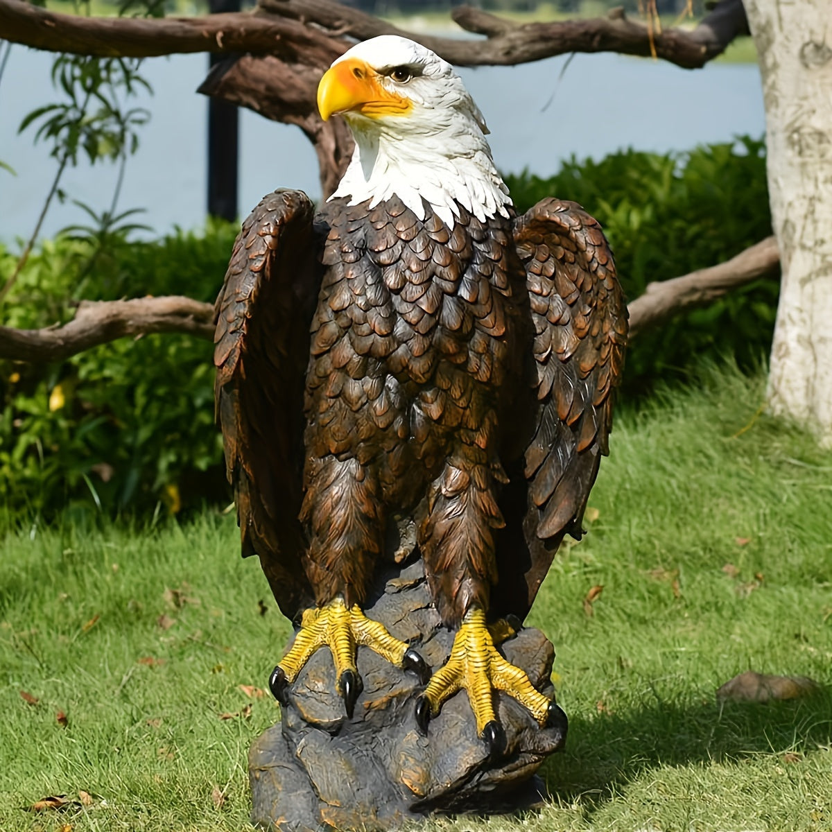 Large Standing Bald Eagle Garden Statue HouseOfZazla, white head, brown feathers, yellow talons on Tampa Home & Garden Store