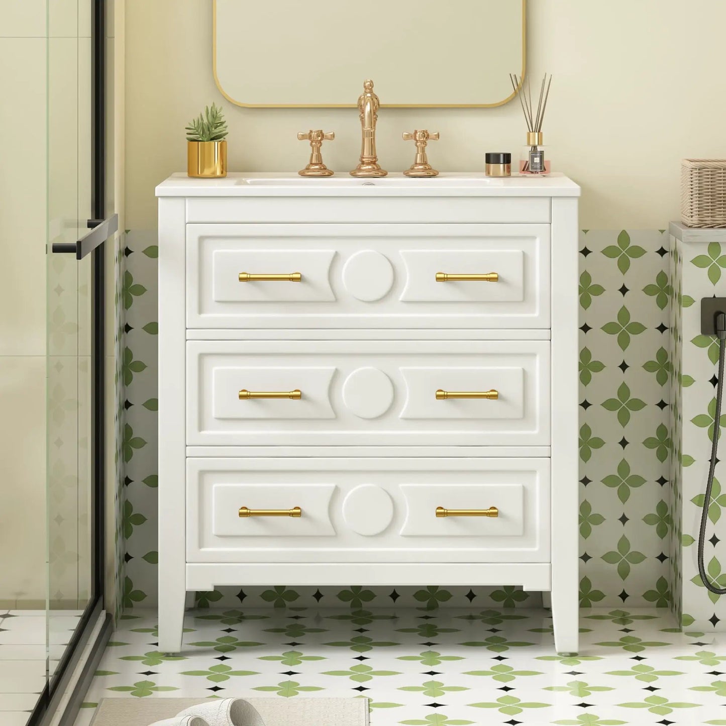 Retro bathroom vanity with sink, white cabinet, 3-drawer, brass hardware and faucet on Tampa Home & Garden Store