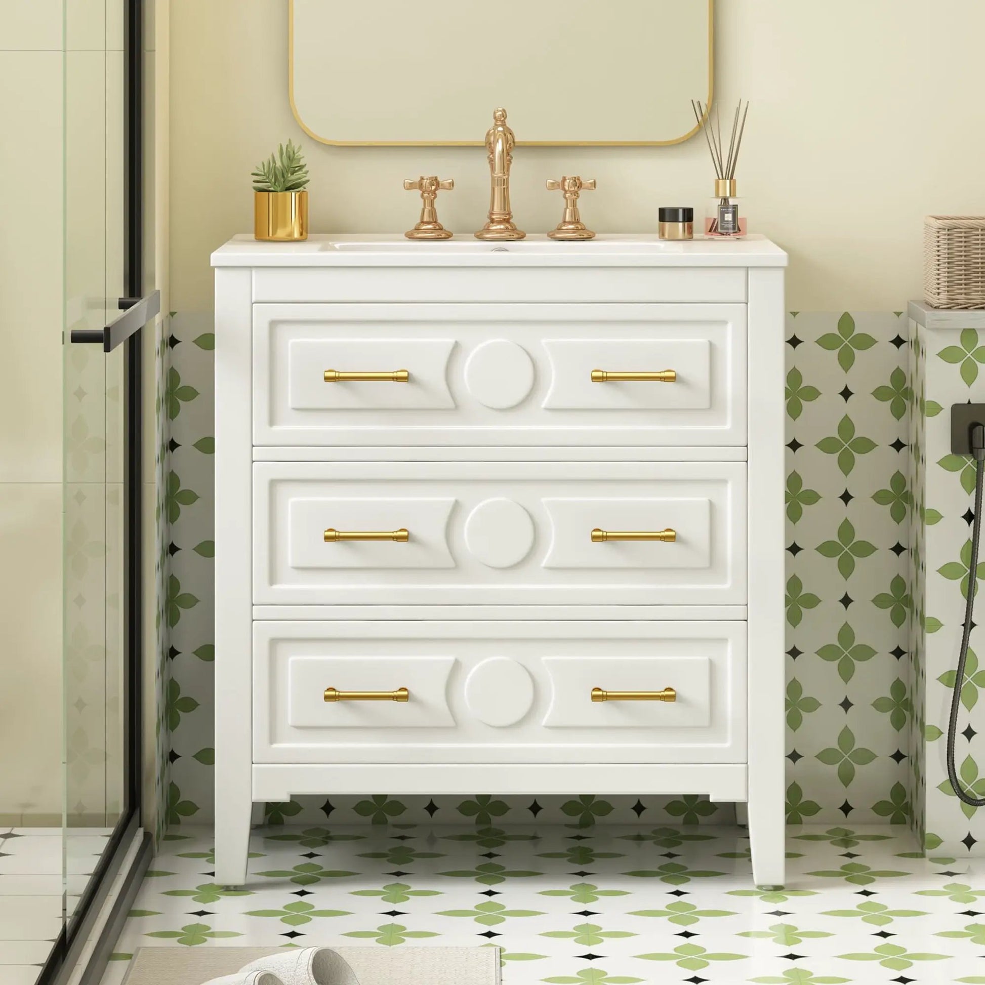 Retro bathroom vanity with sink, white cabinet, 3-drawer, brass hardware and faucet on Tampa Home & Garden Store