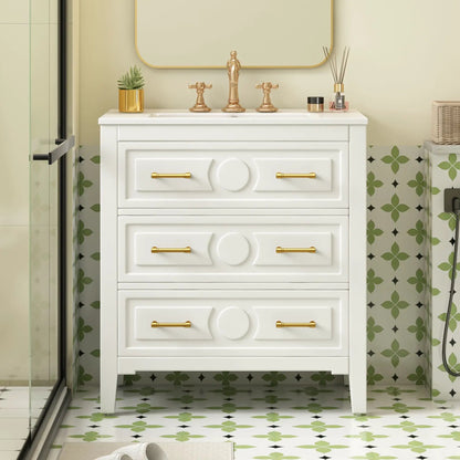 Retro bathroom vanity with sink, white cabinet, 3-drawer, brass hardware and faucet on Tampa Home & Garden Store