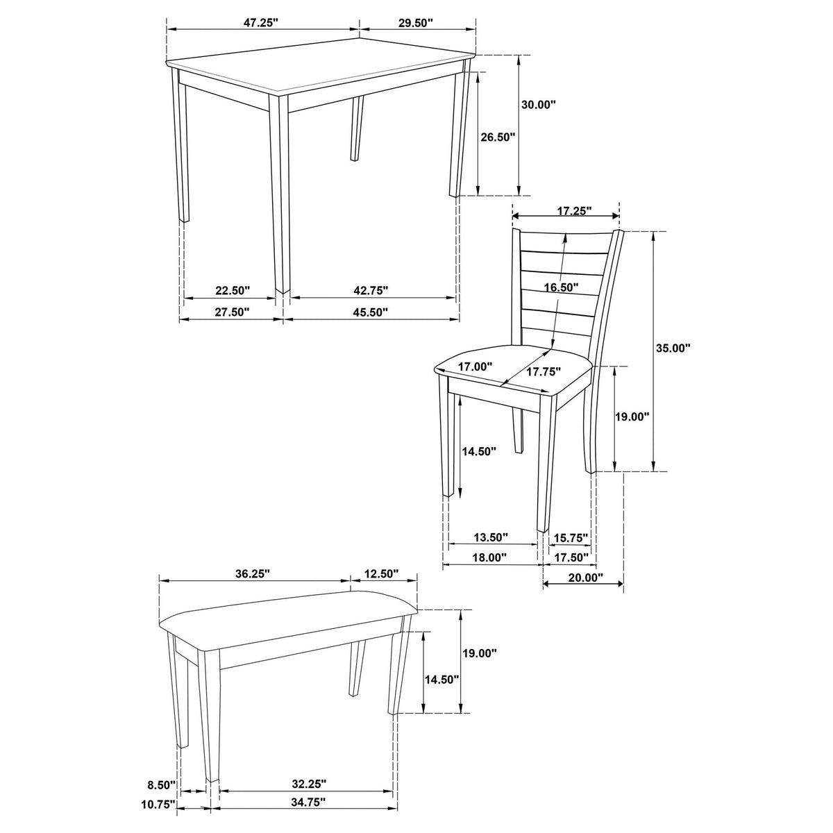 5 Piece Dining Set with Rectangular Table and Bench Cappuccino by HouseOfZazla blueprint-style dimensions on Tampa Home & Garden Store