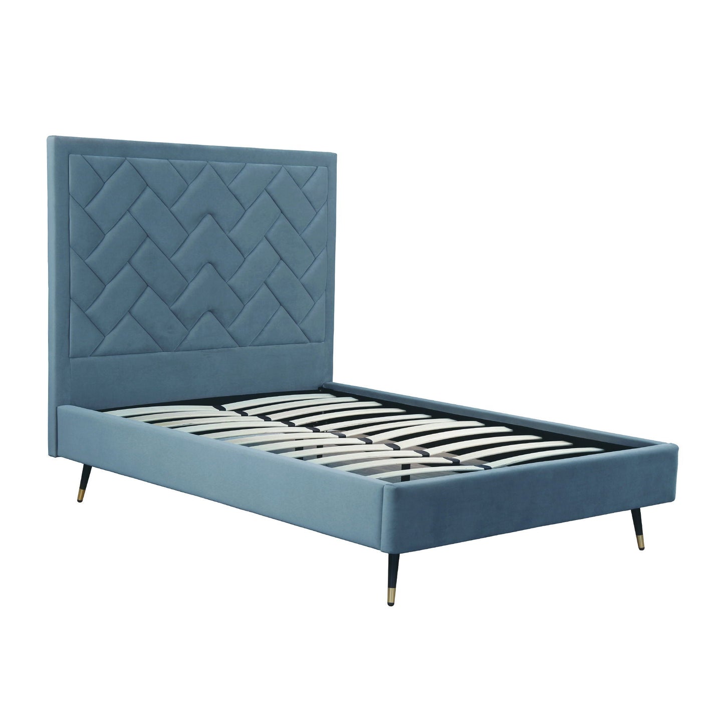 Crosby upholstered bed with blue diamond-tufted headboard and slats by HouseOfZazla on Tampa Home & Garden Store