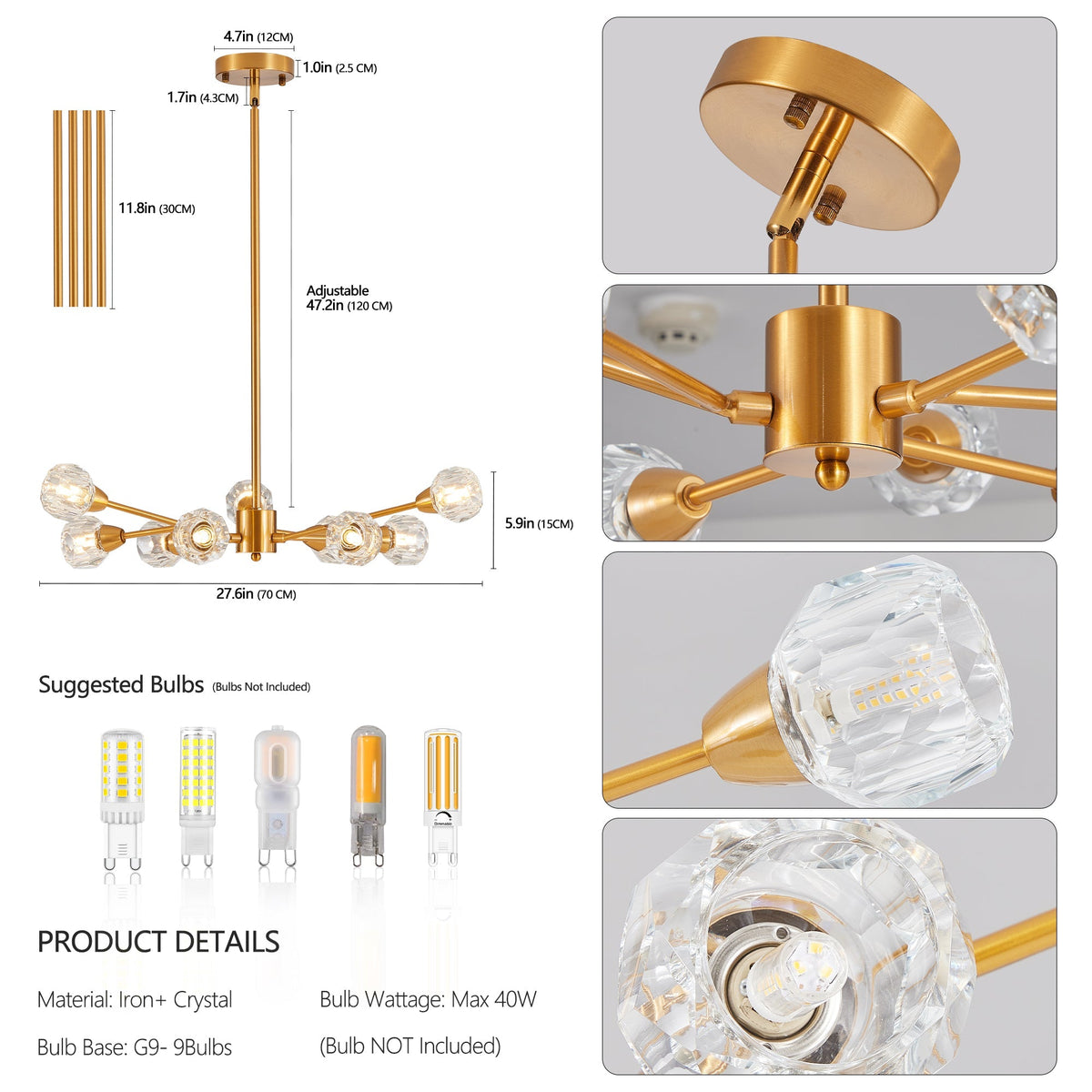 Chandelier 28in modern crystal gold finish 9-light HouseOfZazla on Tampa Home & Garden Store