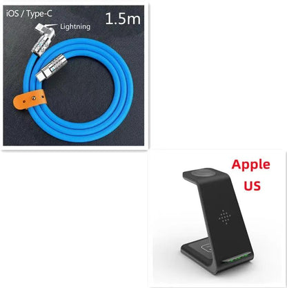 3-in-1 fast charging station with blue 1.5m USB-C/Lightning cable and Apple wireless charger stand on Tampa Home & Garden Store