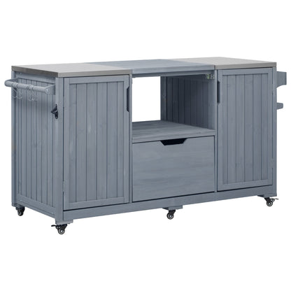 Outdoor kitchen island in gray wood with stainless steel top, hooks and wheels HouseOfZazla on Tampa Home & Garden Store