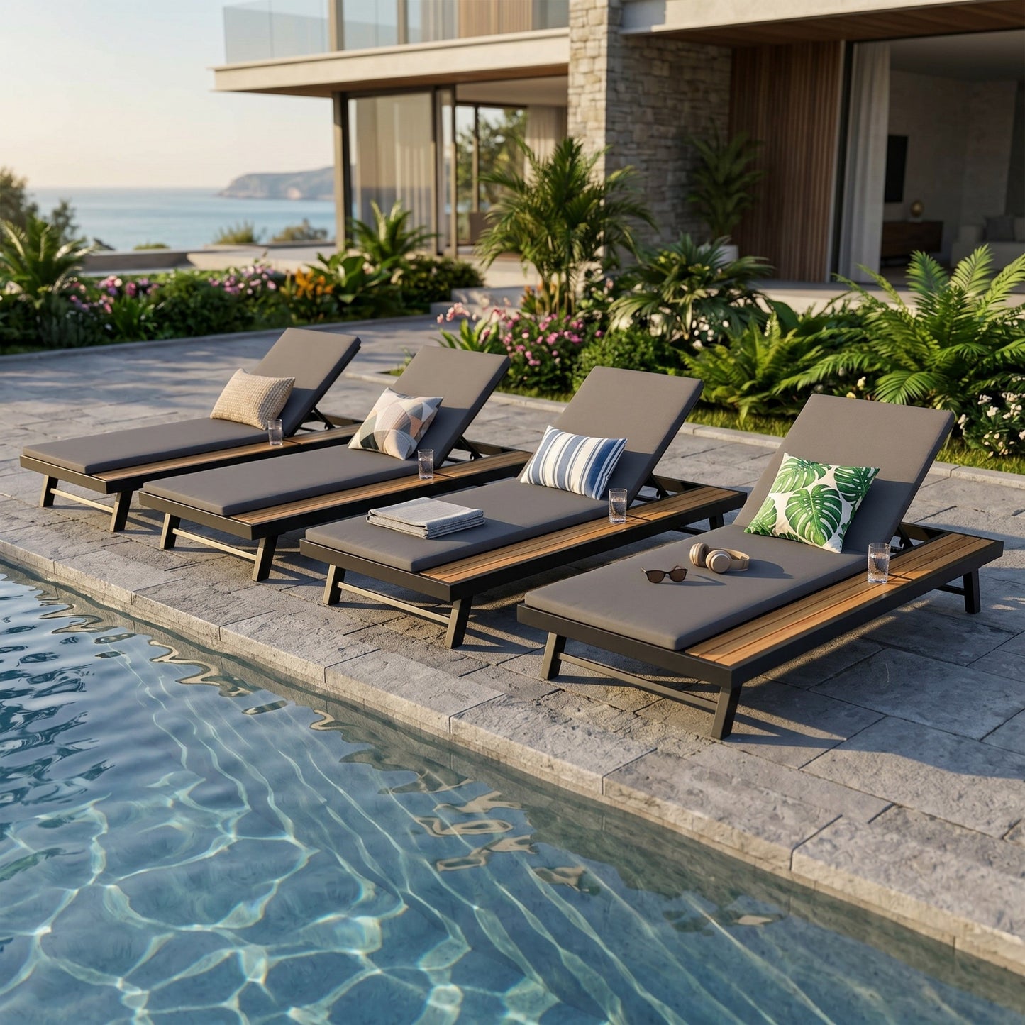 Black Iron and Teak Outdoor Chaise Lounge Set