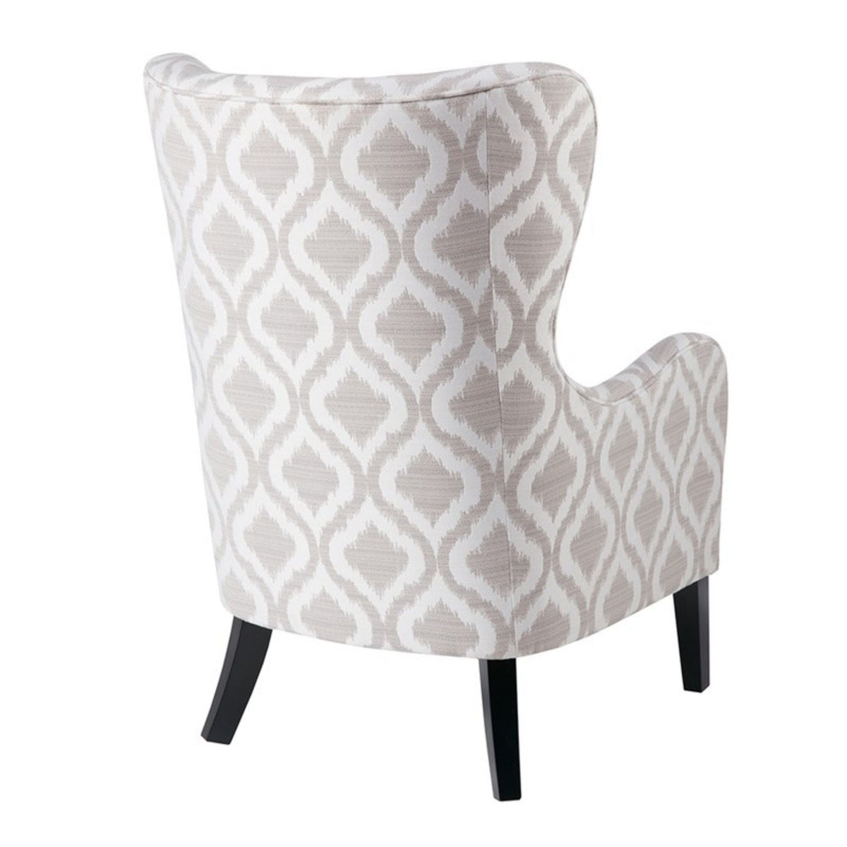 Arianna Swoop Wing Chair by HouseOfZazla in beige and white geometric fabric with dark wood legs on Tampa Home & Garden Store