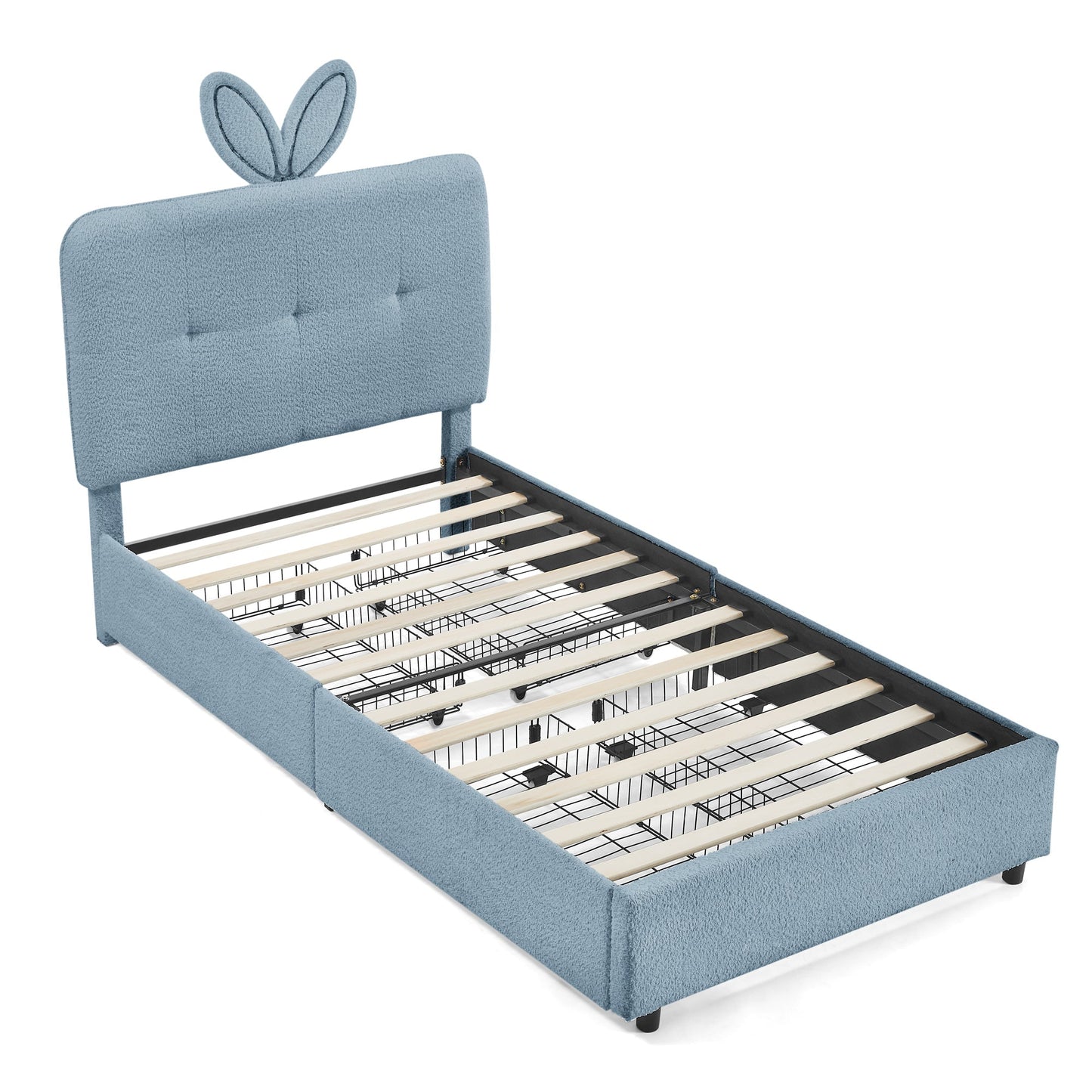 Twin Size Kids Upholstered Bed with Oversized Rabbit Ear Headboard blue fabric HouseOfZazla on Tampa Home & Garden Store