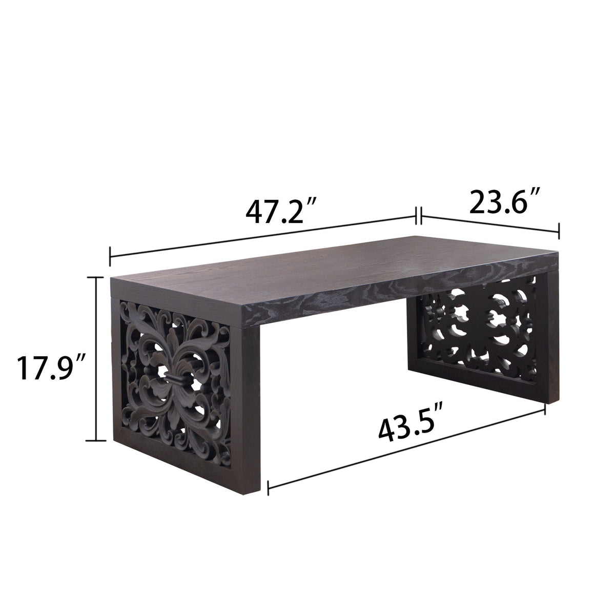 Rustic carved wood coffee table with black metal scrollwork frame HouseOfZazla on Tampa Home & Garden Store