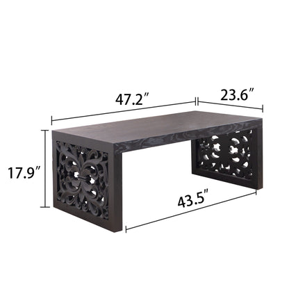 Rustic carved wood coffee table with black metal scrollwork frame HouseOfZazla on Tampa Home & Garden Store
