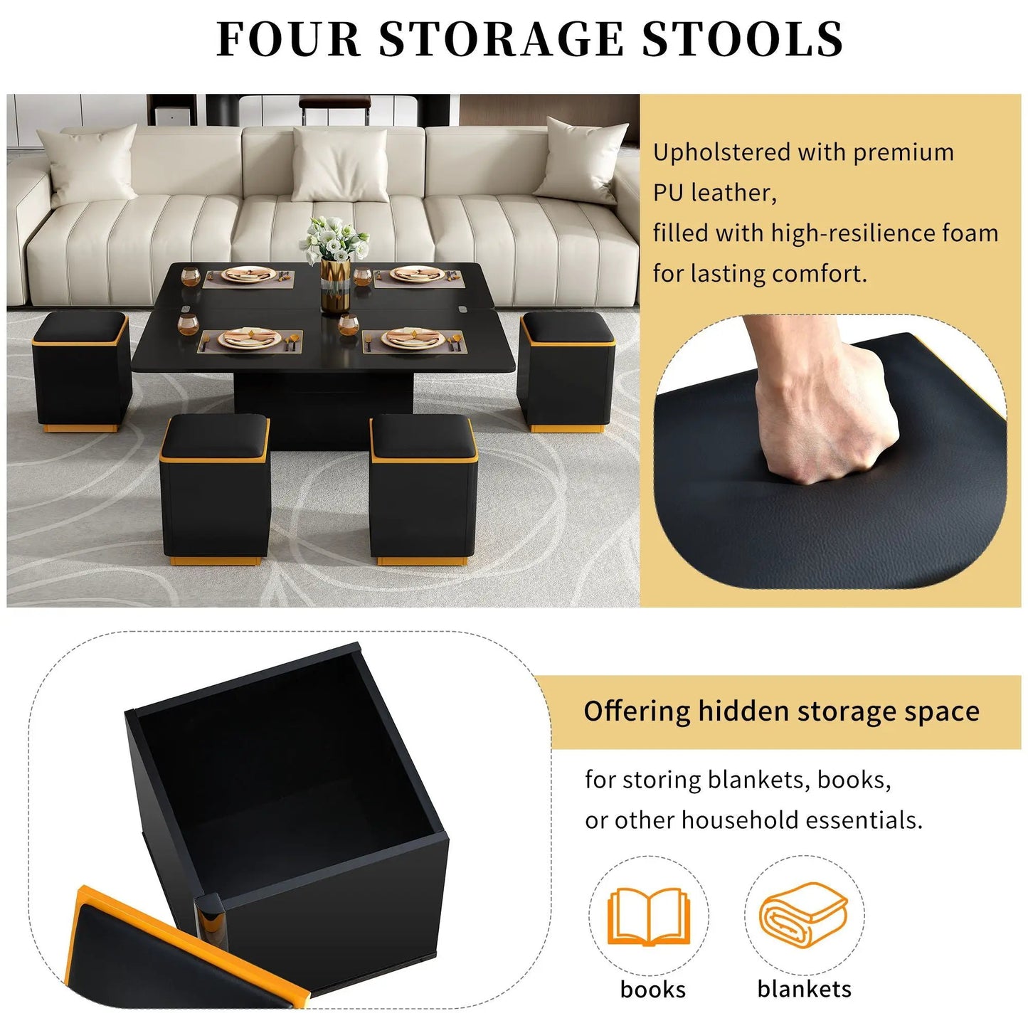 Lift Top Coffee Table with Storage Stools