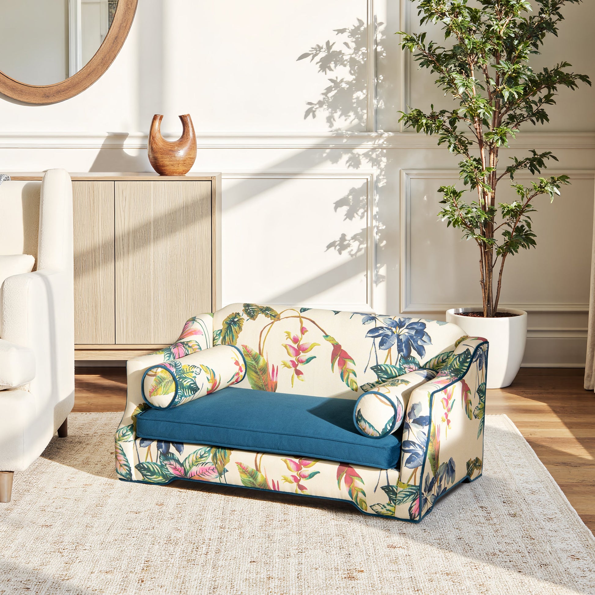 Paloma 35.5in Dog Sofa Bed by HouseOfZazla, tropical floral upholstery with teal cushion on Tampa Home & Garden Store