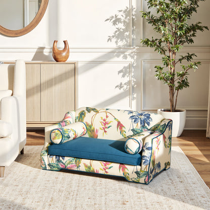 Paloma 35.5in Dog Sofa Bed by HouseOfZazla, tropical floral upholstery with teal cushion on Tampa Home & Garden Store